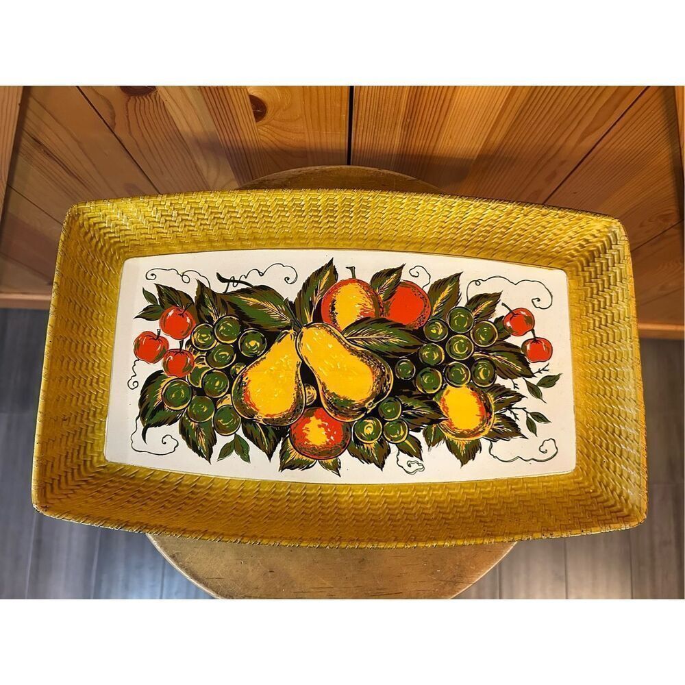 Nevco 3415 Curve Edge Rectangle Tray Fruit Motif Plastic VTG Faux Rattan Japan (